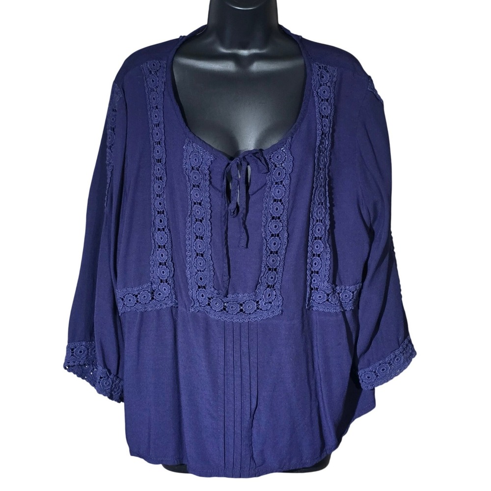 Solitaire Blouse Blue Rayon Crochet Lace Trim Boho Peasant Top Plus Size 1X